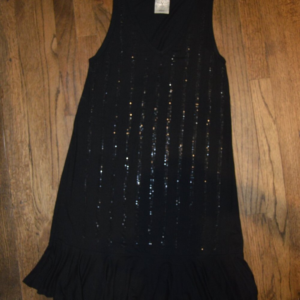VOCAL Sleeveless Black Dress Rhinestone Black Stripes Ruffled bottom SZ Sm NWOT